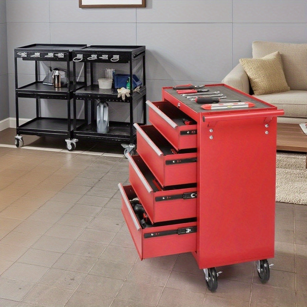 Professional-Grade 4-Drawer Mobile Tool Chest with Lock And Key Heavy Duty Steel Rolling Cabinet for Workshops And Garages (Red)