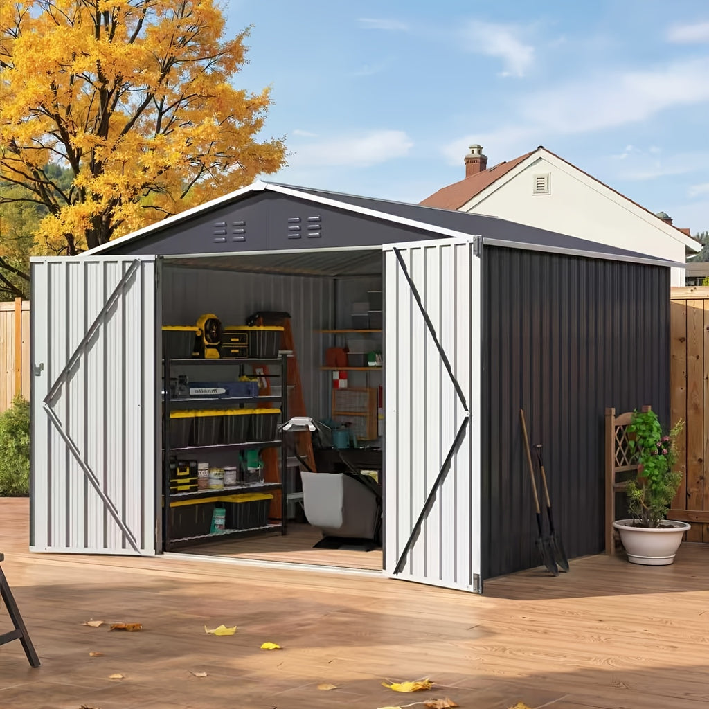 8x8 FT Storage Shed, Large Metal Tool Sheds With Lockable Doors, Outdoor Storage Shed For Backyard Garden Patio Lawn, Grey