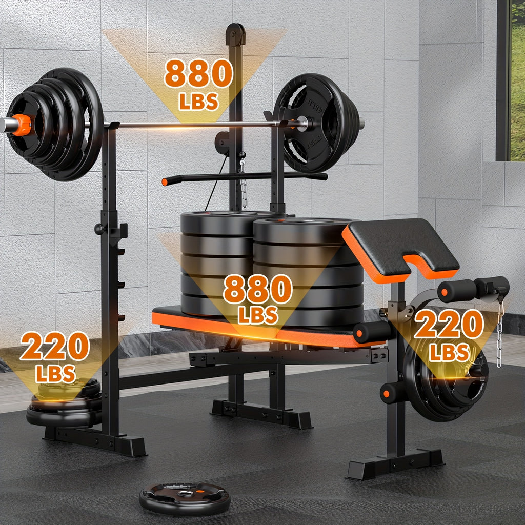 16-In-1 Adjustable And Multifunctional Weight Bench Set, 880Lbs Heavy Duty Strength Training Bench with Leg Developer, Barbell Rack, Preacher Curl Pad And Lat Pulldown for Full Body Workout at Home