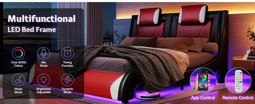 Modern Elegance Meets Functionality: Papajet Full Floating Bed Frame with Built-In LED Lights, Faux Leather Upholstery, And Wave-Shaped Curves, No Box Spring Required