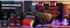 Modern Elegance Meets Functionality: Papajet Full Floating Bed Frame with Built-In LED Lights, Faux Leather Upholstery, And Wave-Shaped Curves, No Box Spring Required
