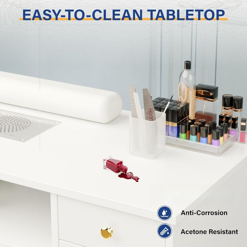 43.3''L Nail Desk for Nail Tech, Manicure Table with Storage Drawers & Wrist Cushion, Acetone Resistant for Salon and Home Nail Station