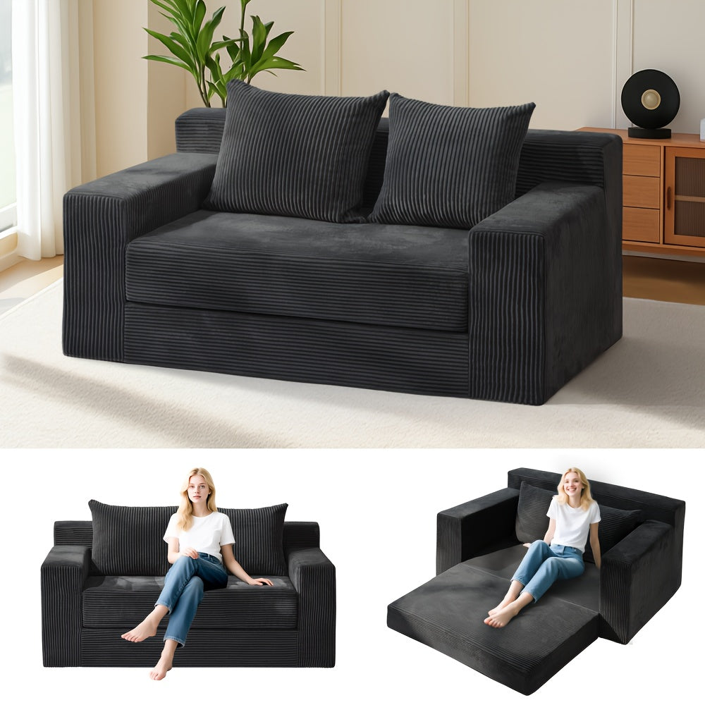 Convertible Sofa Bed, 3in 1 Loveseat Folding Couch Bed Foldable - Boneless Couch & Floor Futon Sleeper, Corduroy Pull Out Sofa Bed with 4 Pillows for Living Room