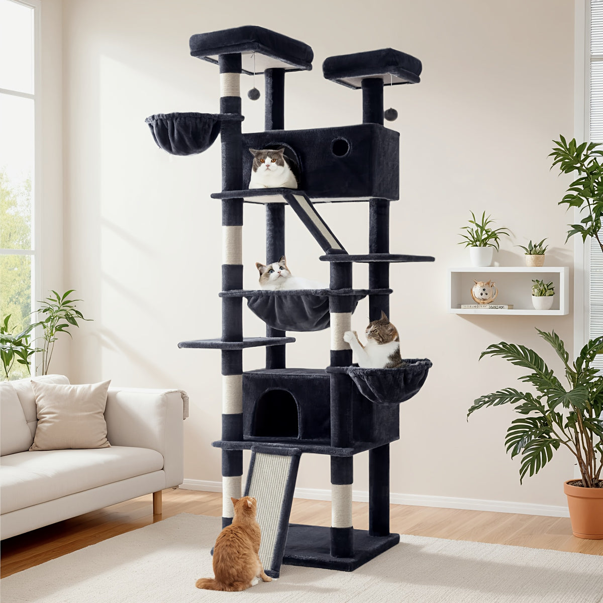 HOOMIC 81-Inch Multi-Level Tall Cat Tree for Indoor Cats/ Large Cat Tower with Plush Condo/ Hanging Hammock & Basket/ Comfortable Cat Perches/ Sisal Scratching Posts/ Sturdy Base/ Spacious Play House/ Pet Furniture/ Free Shipping