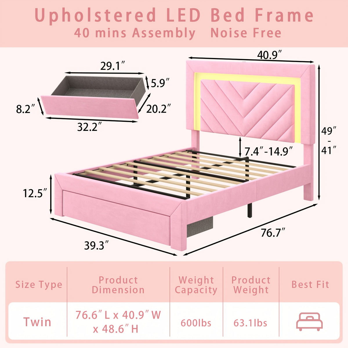 Pink Bed Frame with LED Headboard and Charging Station, 2 Storage Drawers, No Box Spring Needed, Noise Free