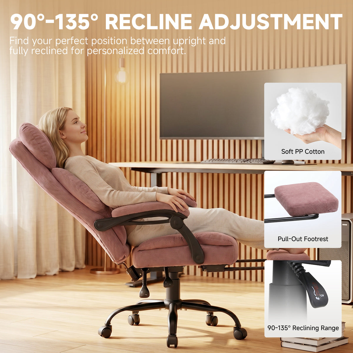 Ergonomic High Back Office Chair with Linkage Widened Armrest, Big&Tall Executive Office Chair, Gaming Chair, Thick Pocket Spring Wide Seated Cushion, Desk Chair with Retractable Footrest for Adults, Faux Leather/Corduroy/Fabric, OC-305