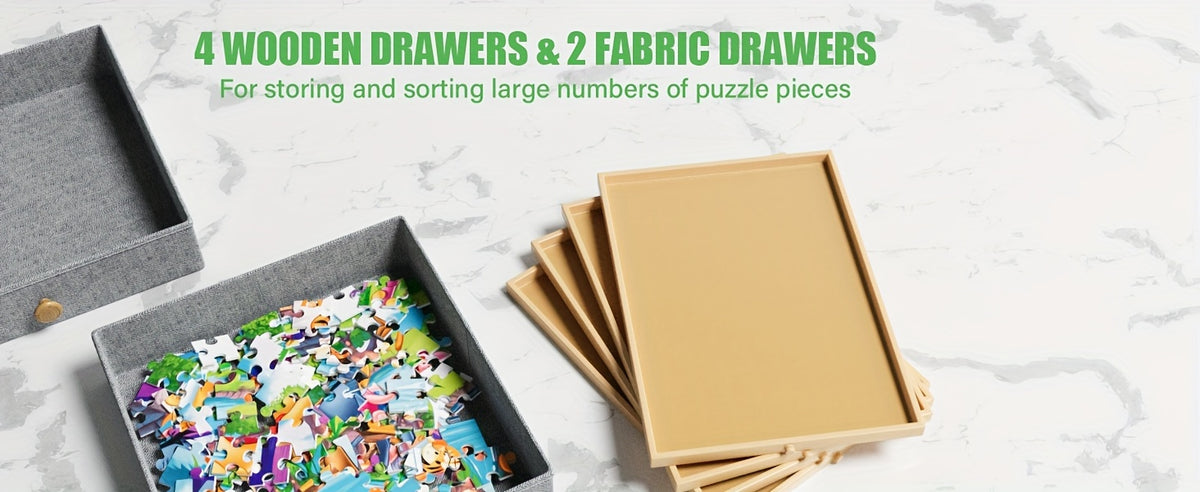 Puzzle Table with Legs, Adjustable 5-Tilting-Angle Board with 6 Drawers & Cover, 35"x 26" Wooden Puzzle Board with 4 Wheels for Adults