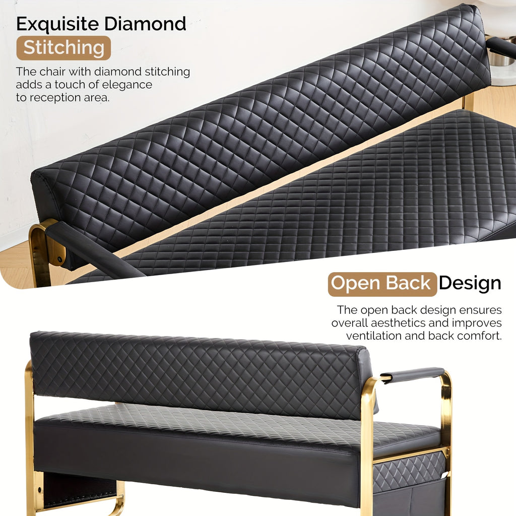 Waiting Room Chairs with Arms, 57. 5''Office Guest Chair Upholstered Bench Seating, Reception Furniture for Beauty Salon Barbershop Airport Bank Hall Room Conference, Black&Gold