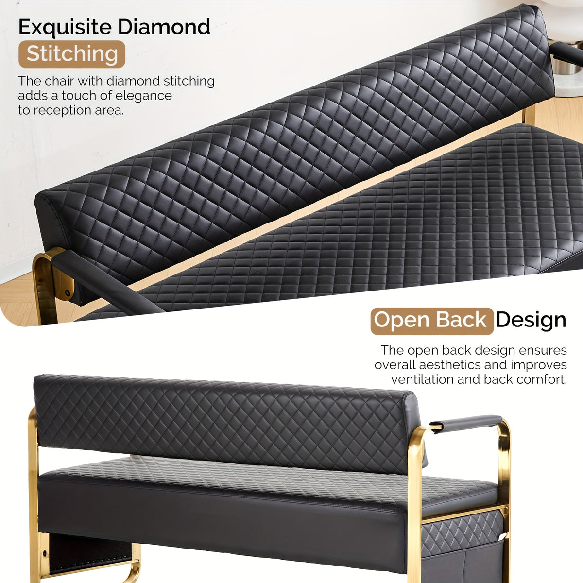 Waiting Room Chairs with Arms, 57. 5''Office Guest Chair Upholstered Bench Seating, Reception Furniture for Beauty Salon Barbershop Airport Bank Hall Room Conference, Black&Gold