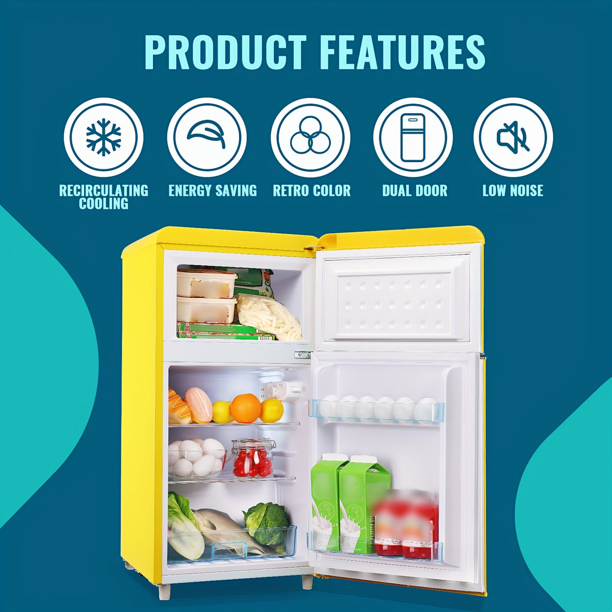 3.8 Cu.Ft Small Refrigerator With Freezer Retro Mini Fridge Two Doors For Home Dorm College Office Freestanding Blue Refrigerator With LED Lights And Glass Shelves