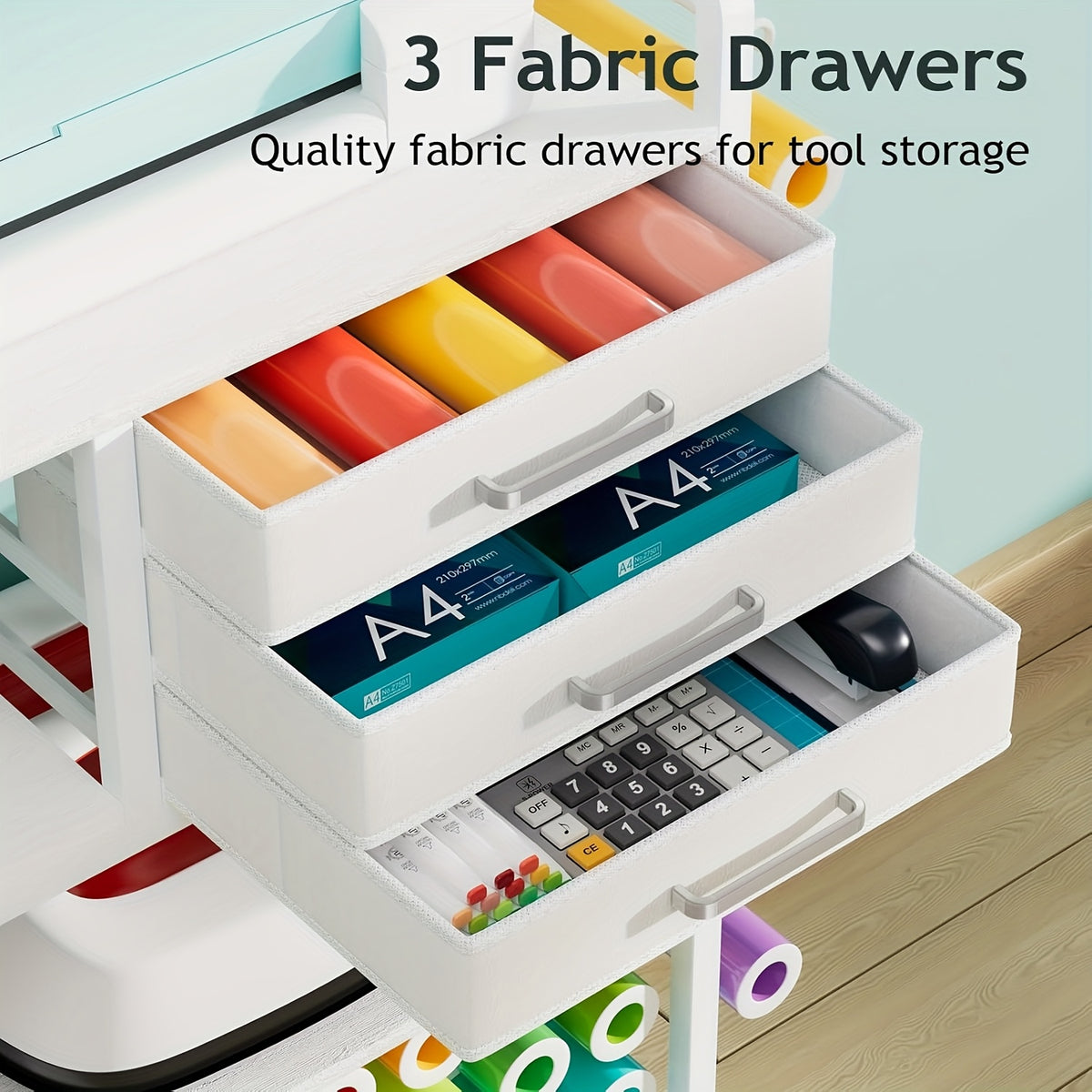 Craft Cart And Organizer Table Compatible - Rolling Storage Cart/Shelf with 20 Vinyl Roll Holders, 3 Fabric Drawer, Accessories Holder, Tool Hook for Craft Room Home, Office, Storage Cabinets