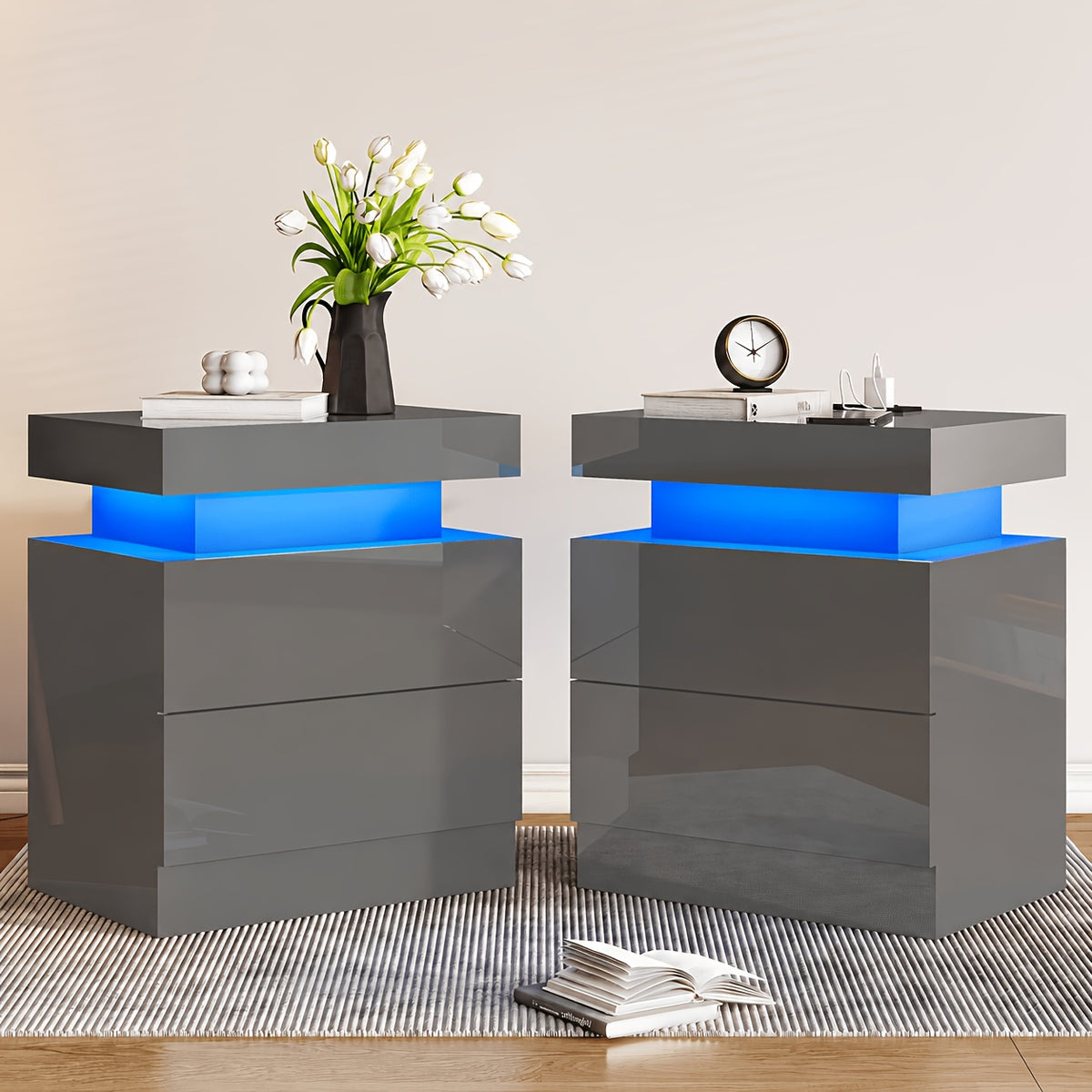 High Gloss LED Nightstand Set of 2 with Charging Station, Modern Bedside Table Night Stand with LED Lights
