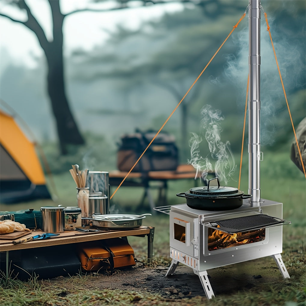 Portable Heavy-Duty Stainless Wood Burning Camp Stove - Outdoor Tent & Backyard Fire Pit with 7 Chimney Pipes, Ash Tool, Carry Bag & Ground Stakes - Adjustable Height, Fire-Resistant Window, Coal/Charcoal Compatible for Winter