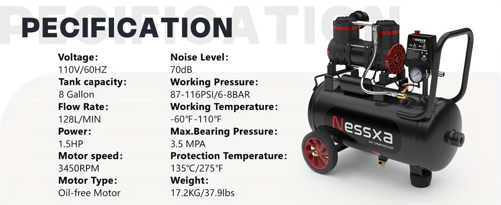 8 Gallon Ultra Quiet Air Compressor, 1.5HP 4.52 CFM, Max 115 PSI Oil-Free Air Compressor Tank, 110V/60Hz, 70dB Air Compressor for Car Repair, Spray Painting, Woodwork Nailing