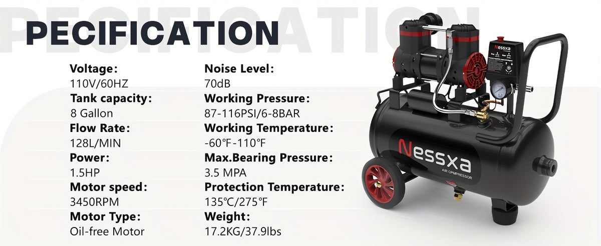 8 Gallon Ultra Quiet Air Compressor, 1.5HP 4.52 CFM, Max 115 PSI Oil-Free Air Compressor Tank, 110V/60Hz, 70dB Air Compressor for Car Repair, Spray Painting, Woodwork Nailing