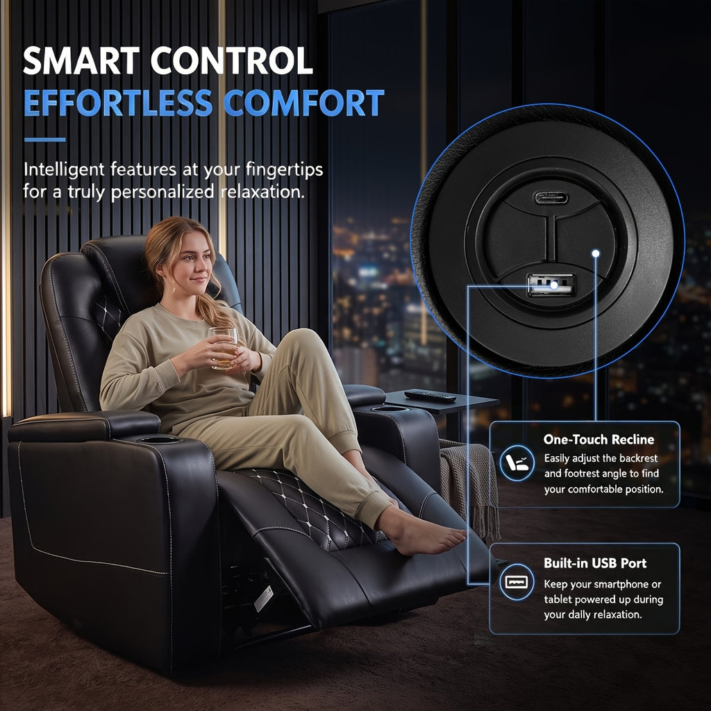 Power Recliner Chair with USB Ports And Cup Holders - Overstuffed Electric Home Theater Seating Faux Leather Reclining Furniture with Hidden Arm Storage, Easy to Clean (Black)