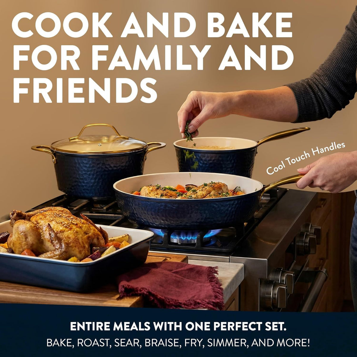Gotham Steel Hammered 20 Pc Ceramic Cookware Set Nonstick, True Ceramic Pots and Pans Set Non Stick with Deep Square Pan Set & Bakeware Set, Non Toxic PFOA PFOS Free, Oven & Dishwasher Safe