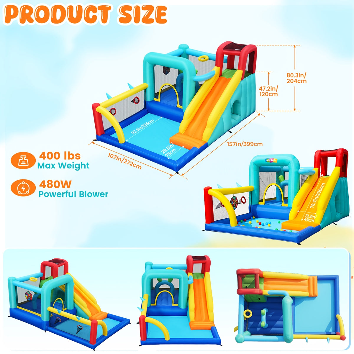 Inflatable Bounce House with Blower for Indoor Outdoor, Rabbit Ears Center Obstacle Bouncy Castle with Ball Pit/Splash Pool, Air-Filled Jumping Bouncer with Center Obstacle/Tunnel/Climbing Wall/Dartboard/Ring Toss/Ball Holes/Hoop