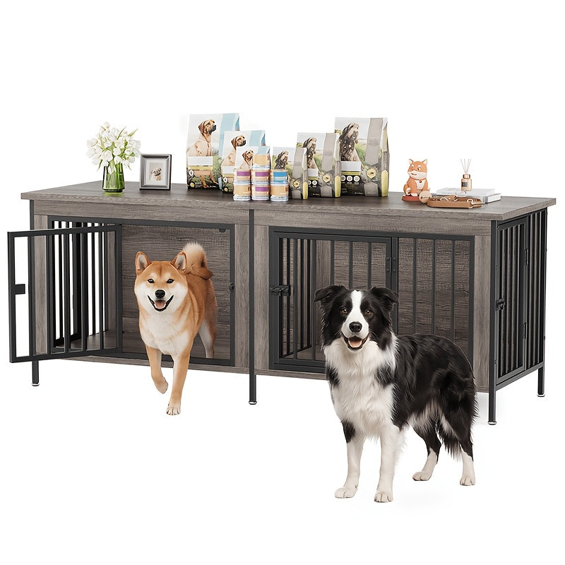 Indoor Pet Cage Furniture for Two Large Dogs, 63-Inch Double Crate with Storage Top and TV Stand Side Table