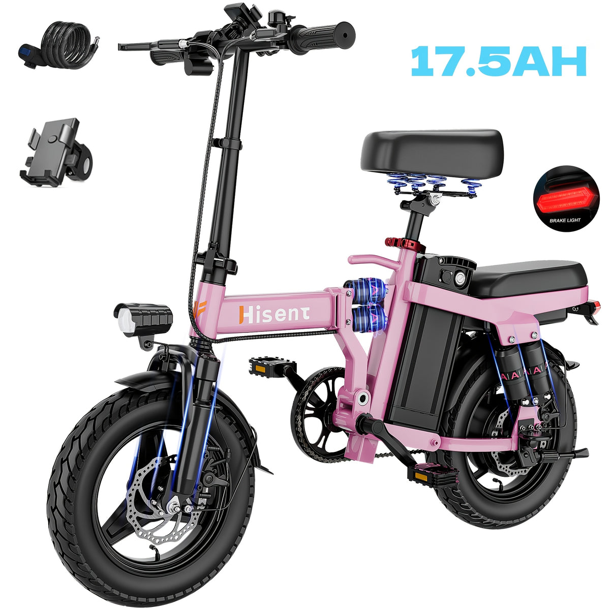 Hisent G11&F9 Folding Electric Bike | Dual Suspension System | Upgraded Frame | 12-35 Miles Range (Optional) | Features Dual Seat, LED Headlight, Disc Brakes, 14-Inch Tires, 500W High-Power Motor, Top Speed Of 19.9 Mph