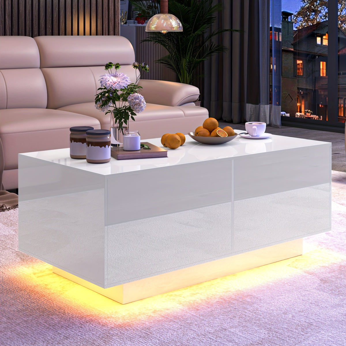 High-Gloss LED Coffee Table for Living Rooms Featuring an Open Shelf and Two Sliding Drawers