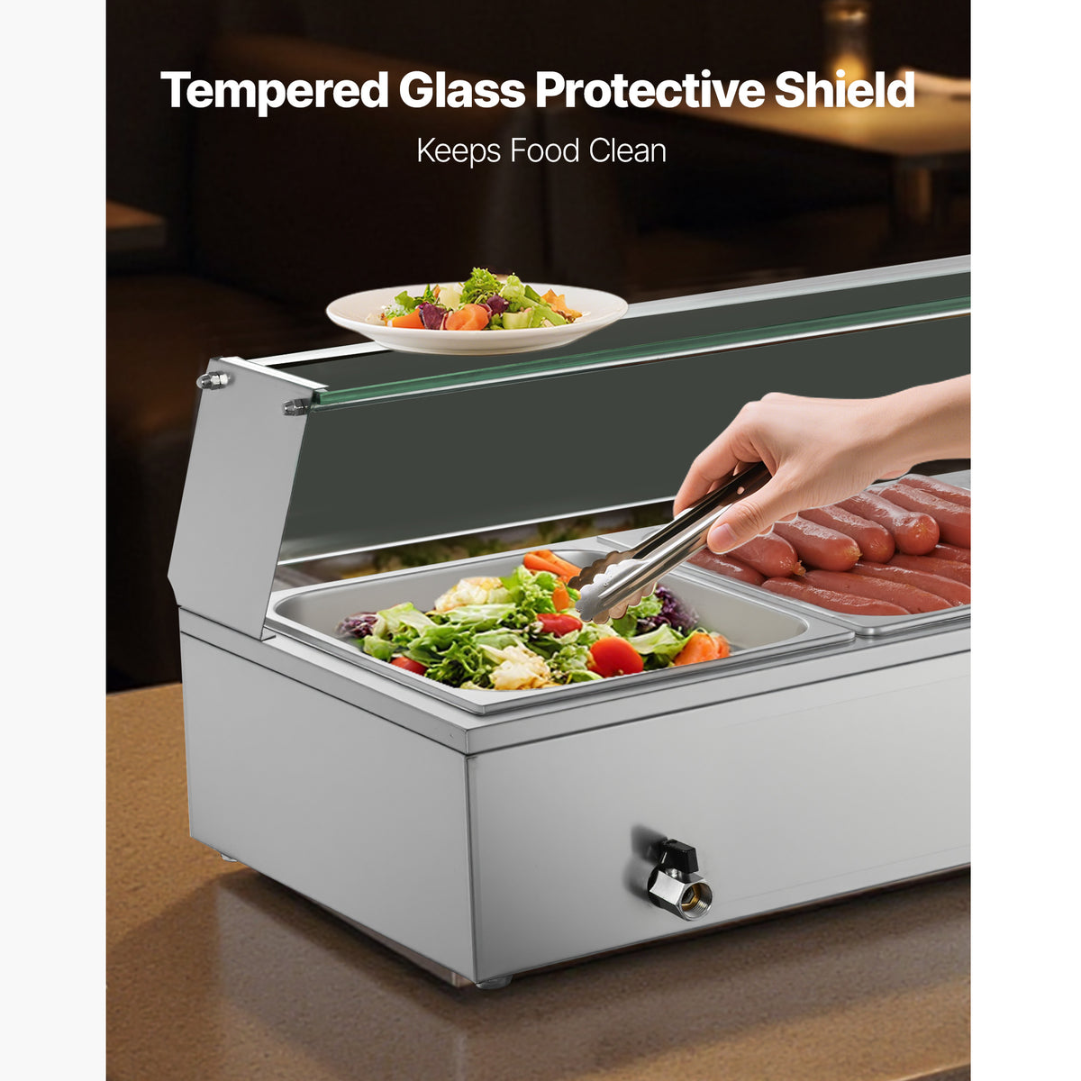VEVOR Commercial Food Warmer, 1500W Electric Stainless Steel Steam Food Warmer with Glass Cover, Countertop Buffet Bain Marie with Three 1/2 Size / Five 1/2 Size Food Pans, for Catering, Restaurant, Party & Buffets