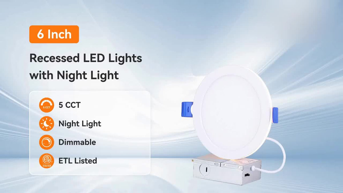 6/12/24-Pack 6-Inch 5CCT Recessed Night Lights (2200K), 6-Inch Canless LED Recessed Lights, 2700K-5000K Optional, 12W=130W, 1050LM Dimmable, ETL Certified