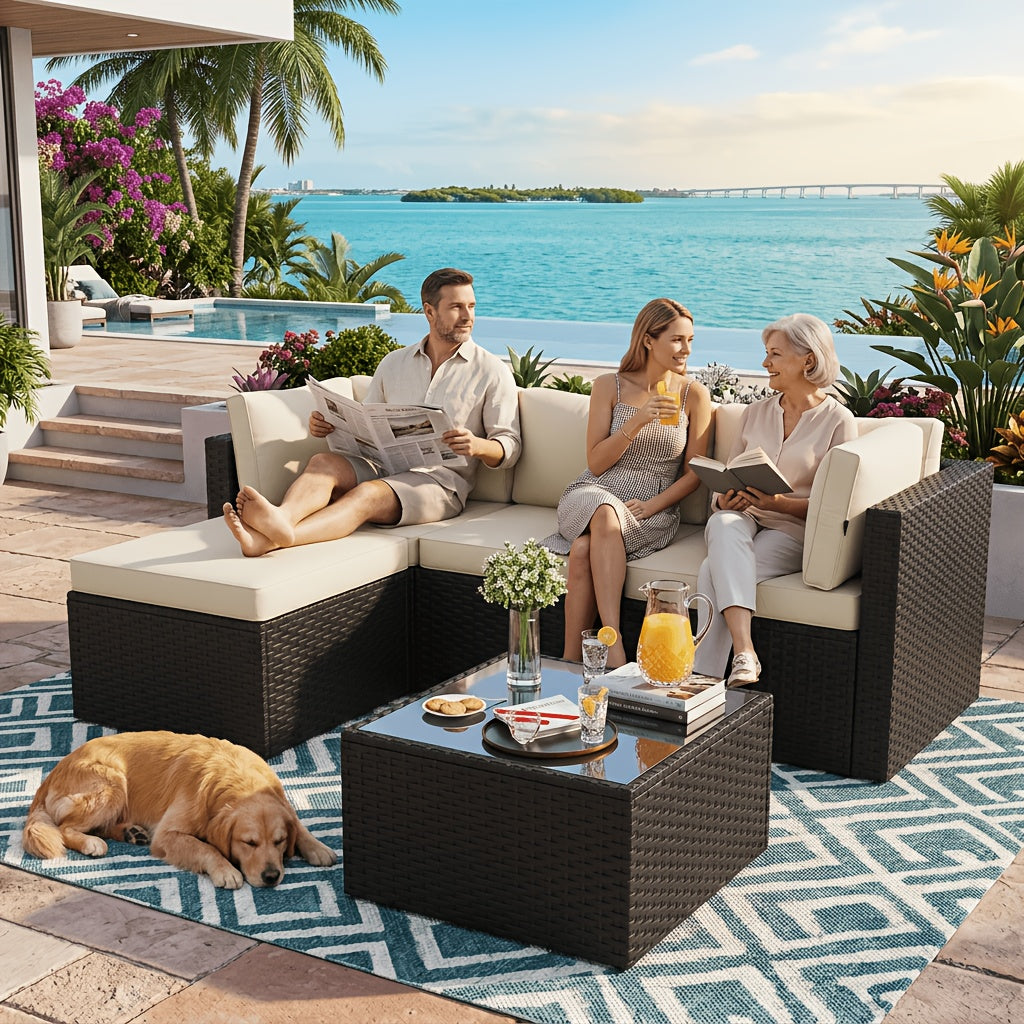 Outdoor Patio Sofa Set in L-Shaped 5- or 6-Piece Design for Backyard and Poolside Lounging
