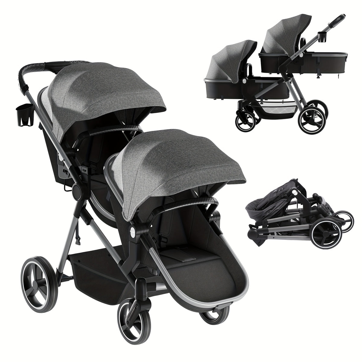 Foldable Double Stroller - Tandem Design with Adjustable Backrest, Reversible Seat, Five-point Safety Harness and Storage Basket - Convertible Bassinet for Infants and Toddlers