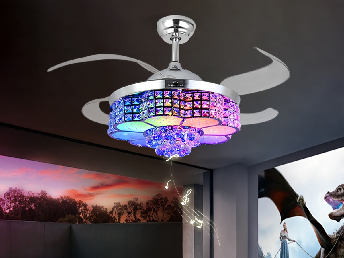 42-Inch Crystal Decoration with RGB Ceiling Fan And Light, Supports Infinite Dimming And Light Memory. with Speakers, 6 Speeds Reversible Blades, Flush Mount Chandelier Ceiling Fan Remote Control And APP Convenient Control Way