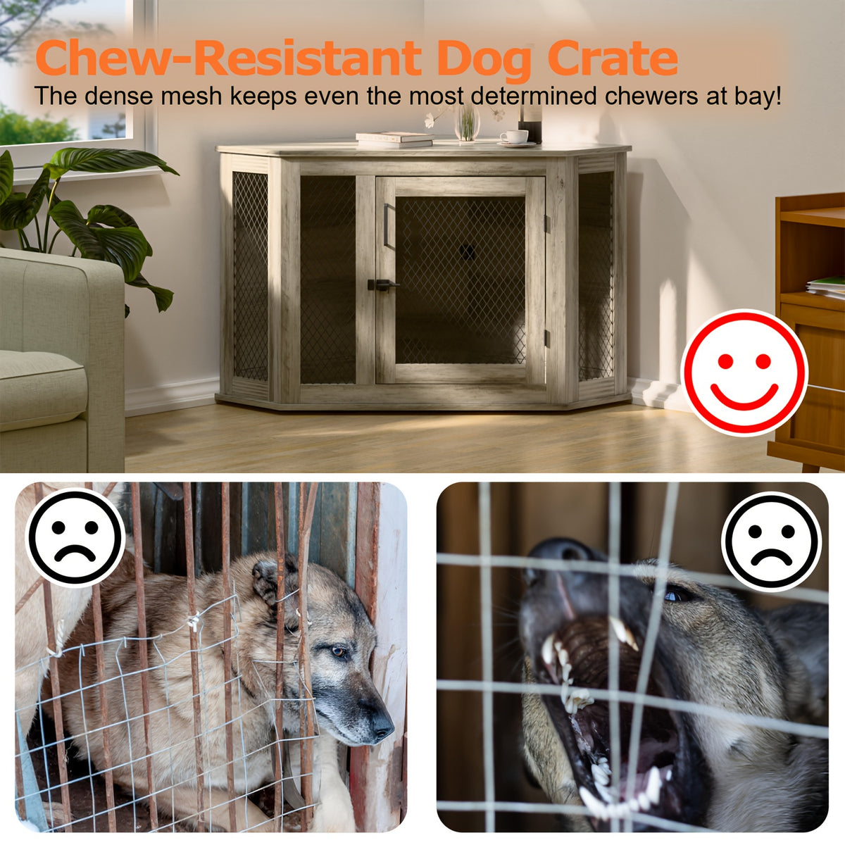 Furniture Corner Dog Crate, 52" Wooden Dog Kennel Furniture End Table with Mesh, Indoor Pet Crate Side Table for Small Medium Dogs Puppy, Perfect for Limited Room