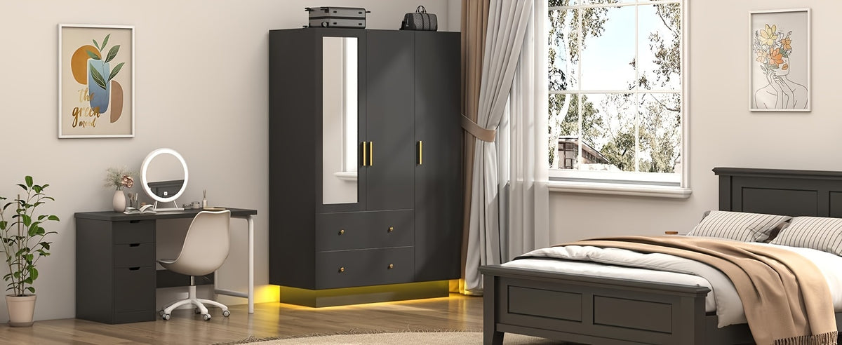 Modern Wardrobe Closet with Mirror And LED Lights, Bedroom Armoire with Drawers And Shelves, Wooden Closet Cabinet with Hanging Rod