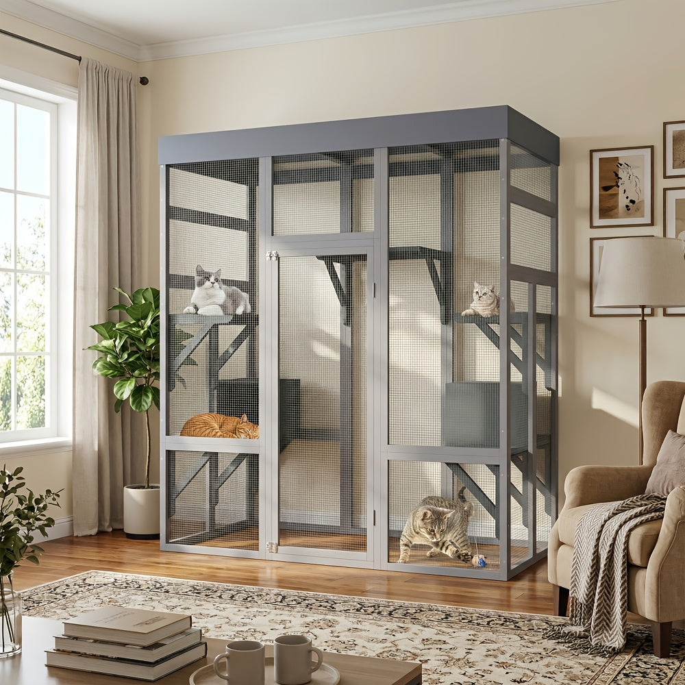 [Outdoor Catio Enclosure] 62.6 Inch Large Wooden Outdoor Catio Enclosure for Cats | Secure Pet Cage with Roof & Rust-Proof Wire Mesh | Includes 2 Napping Houses & Multi-Level Platforms for Backyard & Patio