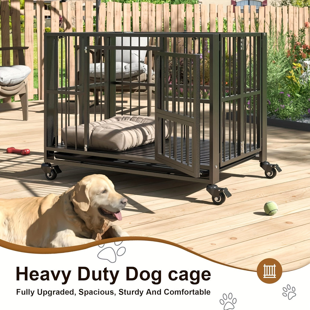 Polar Aurora Heavy Duty Dog Crate, Foldable Indestructible Dog Kennel, Escape Proof Extra Large Dog Cage With Lockable Wheels, High Anxiety Pet Playpen With Double Door For Indoor/Outdoor Use.