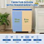 21Lbs Portable Washing Machine, Semi-automatic Compact Twin Tub Laundry Washer with Built-in Drain Pump, Time Control, 13Lbs Washer And 8Lbs Spin Dryer Combo for Apartments, Dorms, RVs
