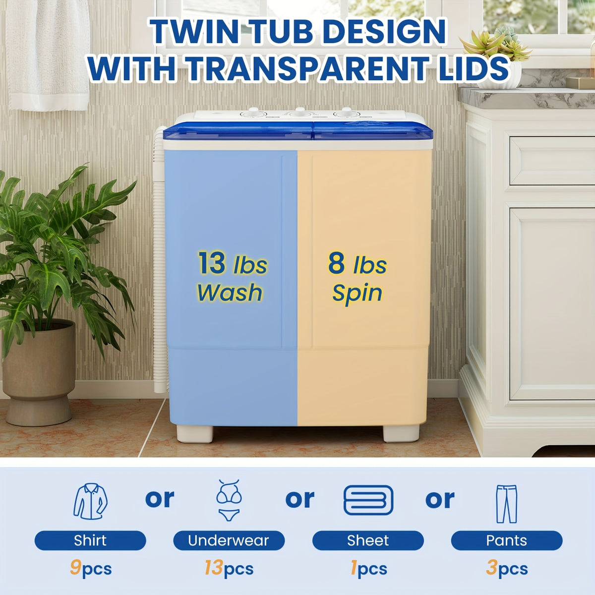 21Lbs Portable Washing Machine, Semi-automatic Compact Twin Tub Laundry Washer with Built-in Drain Pump, Time Control, 13Lbs Washer And 8Lbs Spin Dryer Combo for Apartments, Dorms, RVs