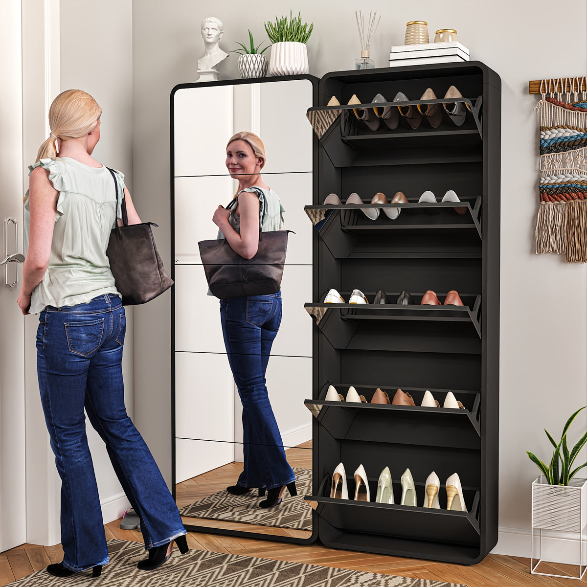 Organizedlife 1Set Shoe Storage Cabinet For Entryway, 5 Tiers Full Length Mirror Shoe Organizer, Wooden Narrow Shoe Closet, Black Shoe Cabinet Shoe Rack For Front Door Entrance, Outdoor