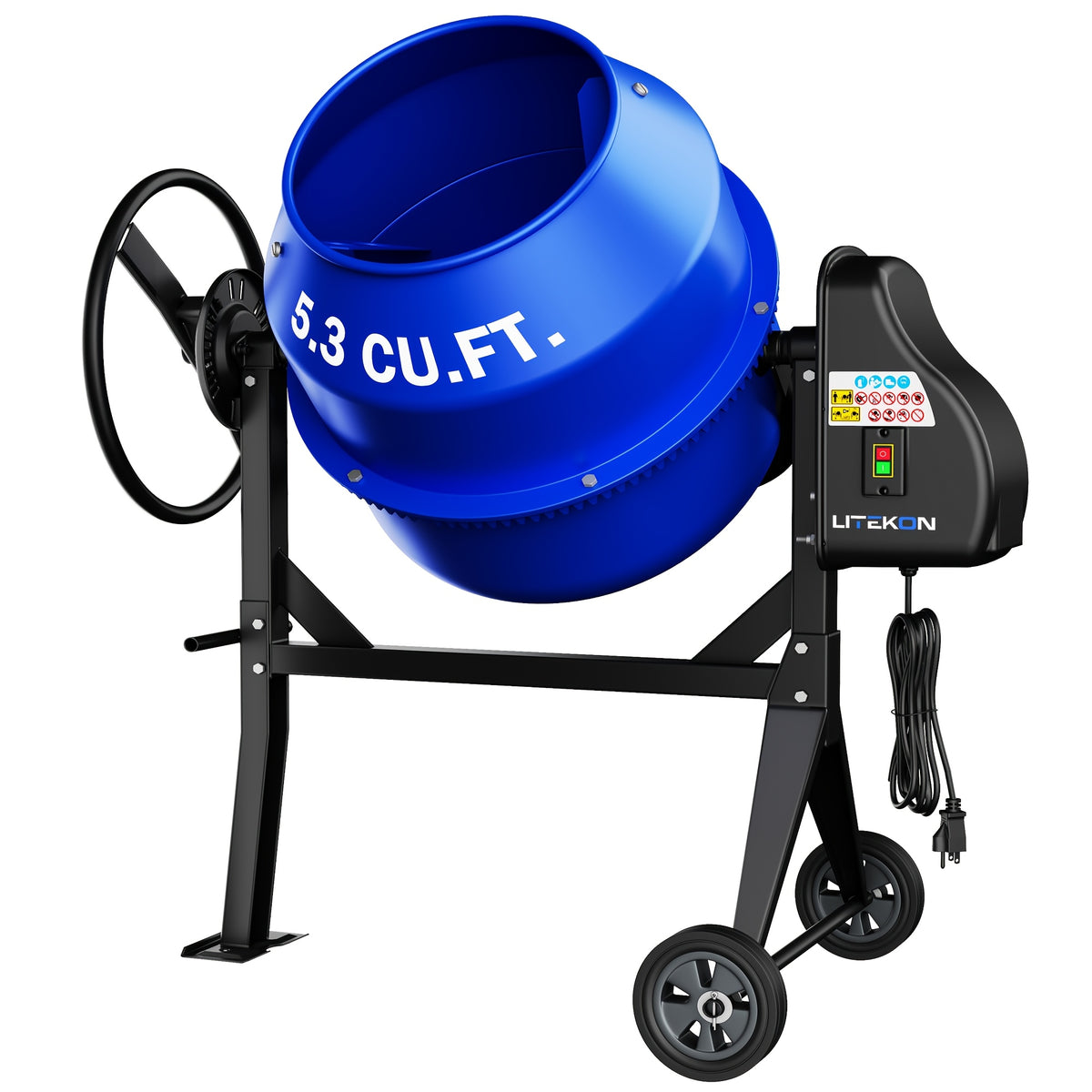 Electric Concrete Mixer with Wheels in 4.3 or 5.3 Cubic Feet for Cement and Mortar Mixing Jobs