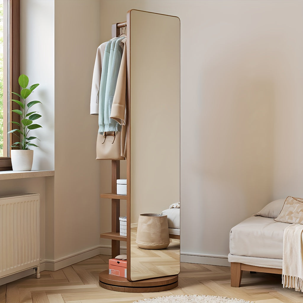 Full Length Mirror with Coat Rack & Storage, 360° Rotating Solid Wood Standing Floor Mirror with Shelves for Bedroom, Entryway, Dressing Room