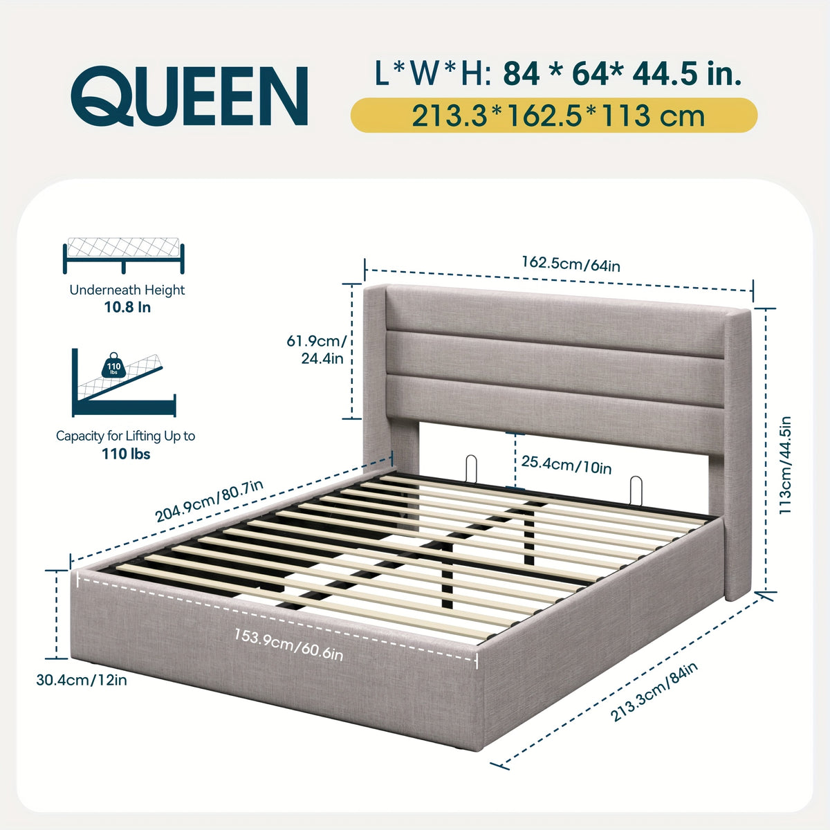 WEEWAY Lift Up Storage Bed, Modern Wingback Upholstered Headboard, Hydraulic Platform Bed, Wooden Slats Support, Heavy Duty Mattress Foundation, No Box Spring Needed, Easy Assembly, Full/Queen/King Size, for House Bedroom Furniture, Free Shipping