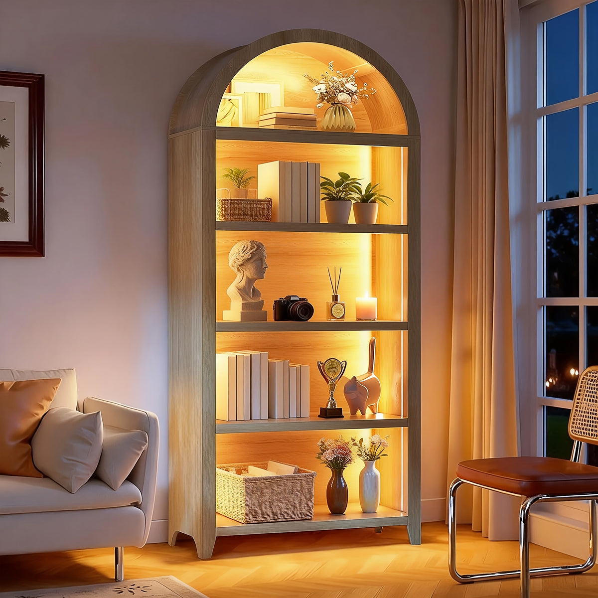 68.9" Arched Display Bookshelf Cabinet - 5-Tier Open Storage Shelf, Freestanding Tall Bookcase for Living Room, Dining Room Or Office (Multiple Finishes)