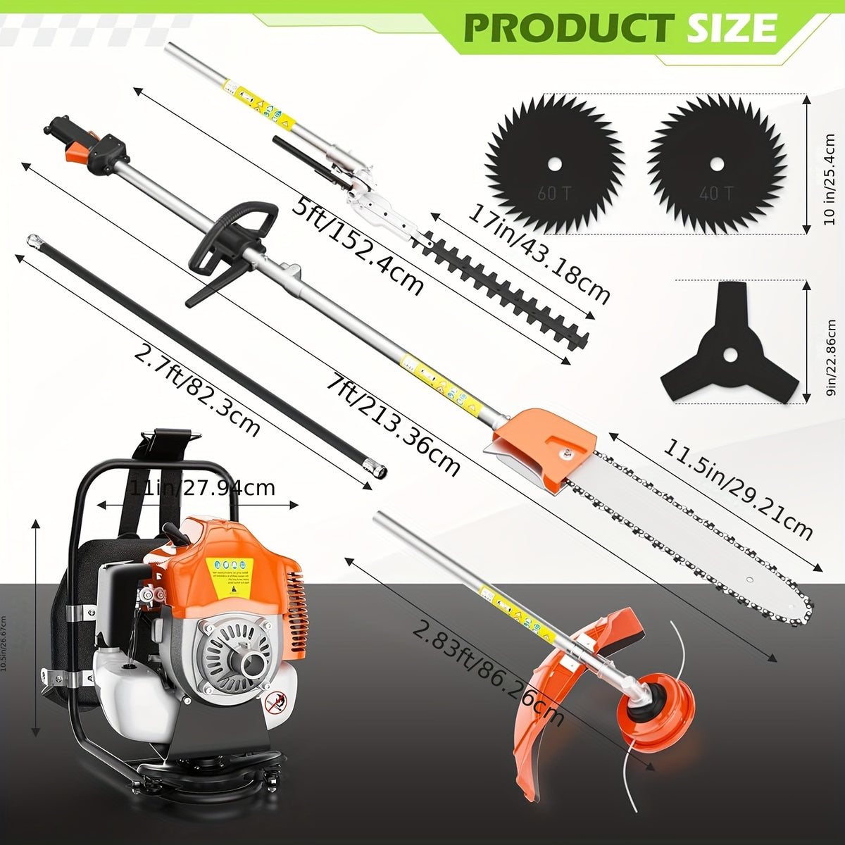 Christmas Gifts - 6in 1 52CC Gas Weed Wacker, 2-Stroke Backpack Gas Pole Saw, Adjustable Hedge Trimmer, Quality Brush Cutter with Four Types Of Mowing Heads for Trimming, Cutting, And Clearing Around Your Garden, Fence, Porch And Pathways (Orange)