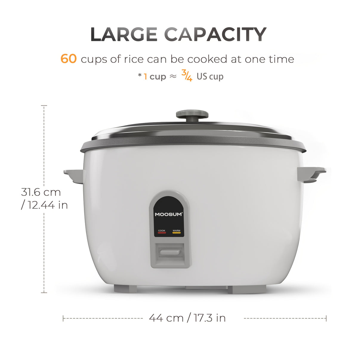 Commercial Rice Cooker MOOSUM 40- or 60-Cup Cooked Capacity with One-Touch Cooking and 12-Hour Keep Warm