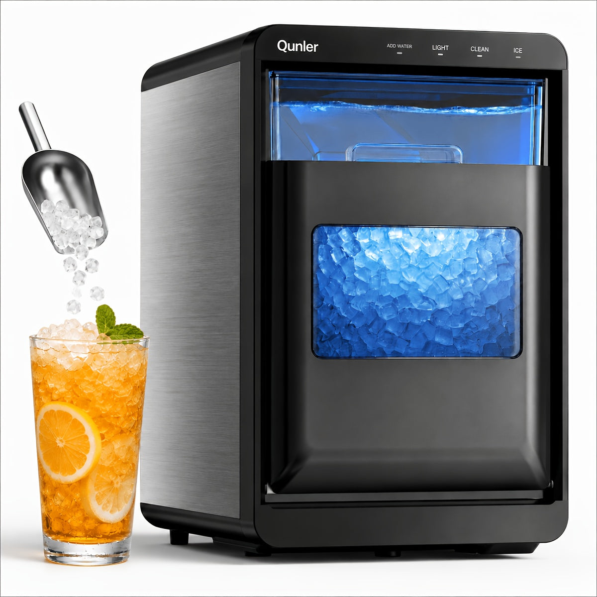 Countertop Nugget Ice Maker, Qunler 44 Lbs/day Stainless Steel Self-Cleaning Chewable Pellet Ice Machine with Independent Water Tank, Ice Scoop & Ice Basket for RV Trips, Camping, Beach Houses, Cabins & Patio Drinks