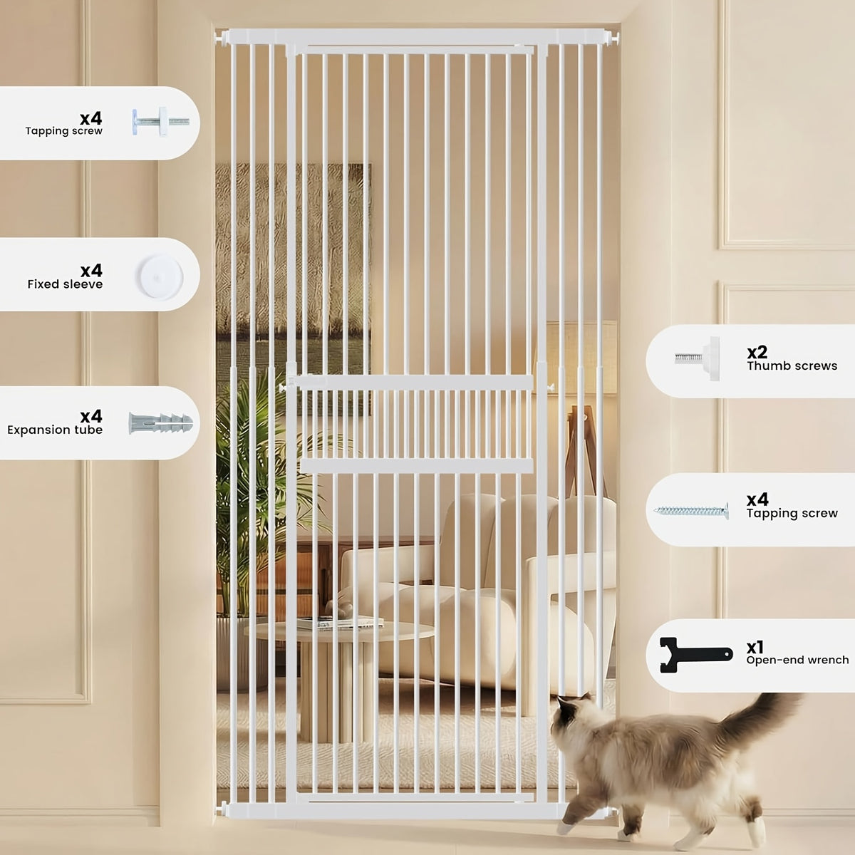 [Adjustable Height & Width] Dog Gate 49"-86" Adjustable Height, Extra Tall Cat Gate for Doorways/Hallways, 27.5"-37" Adjustable Width, Baby Gate with 4 Extensions Kits, No Drilling Pressured Mounted, Black And White