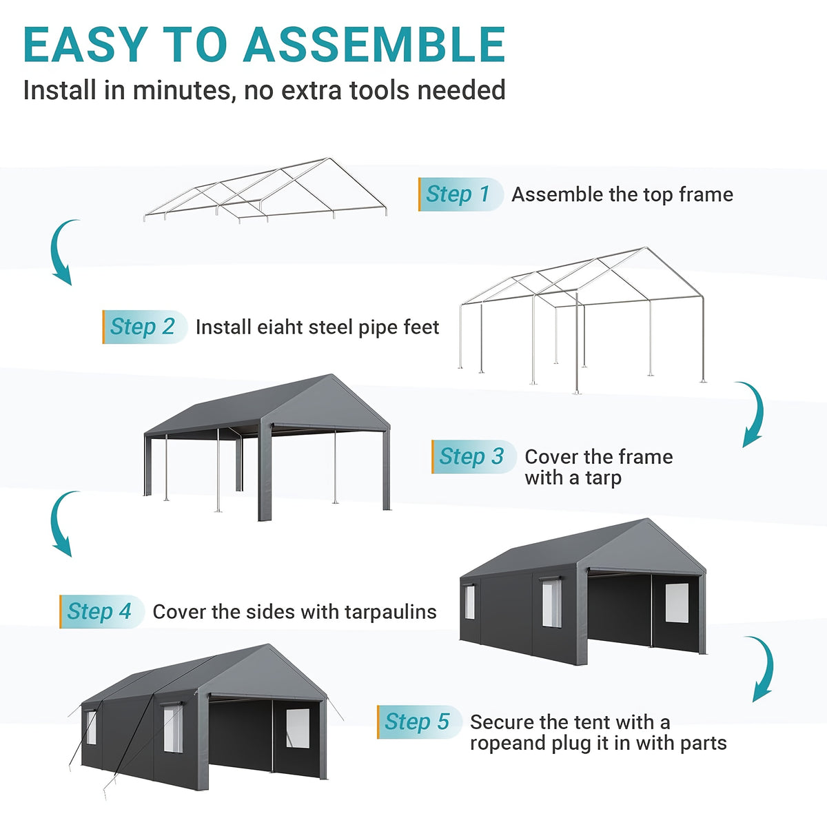 [Extra Large Carport] 12X20 10X20 FT Extra Large Heavy Duty Carport, Upgraded Portable Garage Car Canopy with Roll-Up Ventilated Windows, Removable Sidewalls, Waterproof UV Resistant All-Season Tarp for Parking, Dark Gray Or