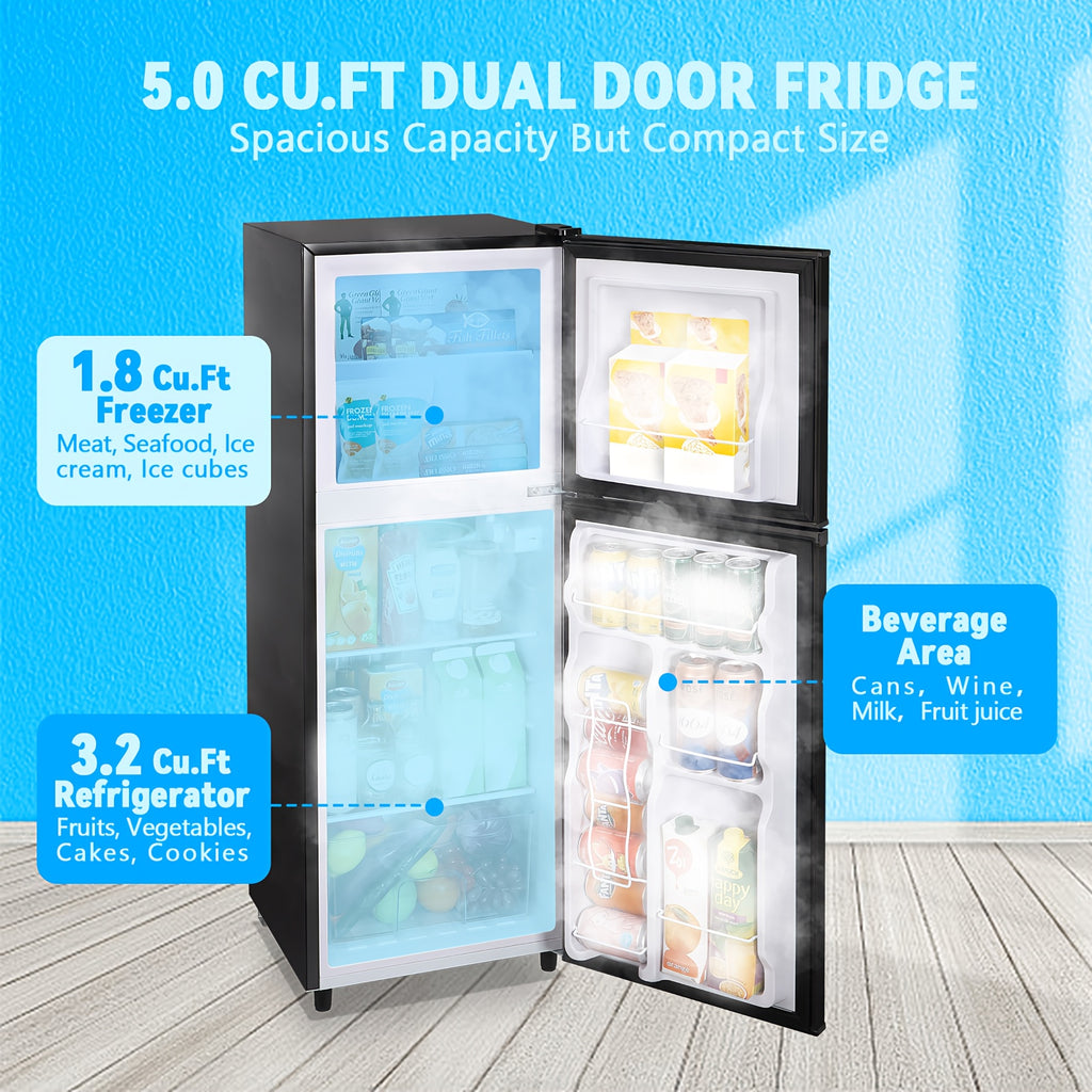 Double Door Refrigerator with Freezer and Adjustable Thermostat for Home or Office — Black, 2.4 or 5.0 Cu. Ft.
