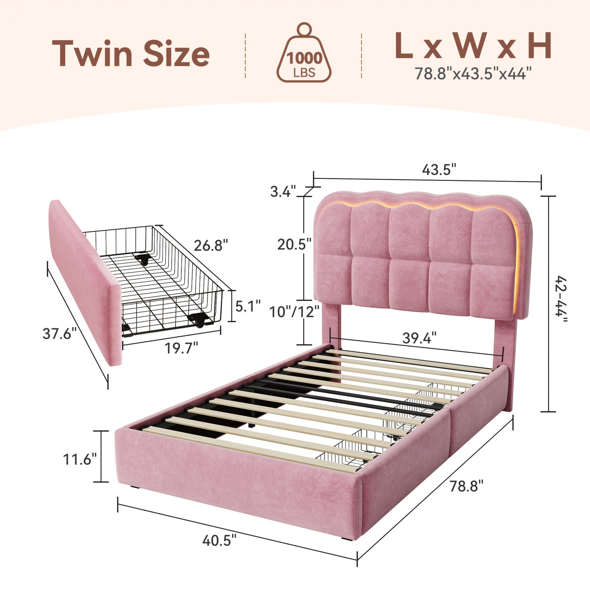 MRAEER Twin/Full/Queen Bed Frame | LED Lighting, 2/4 Storage Drawers, Cloud-Style Soft Headboard, Velvet Modern Platform Bed, Mattress Not Required, Halloween/Christmas Gift, White/Pink/Grey, Hardwood and Metal Construction