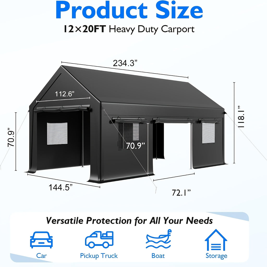 12X20 FT Heavy Duty Carport Canopy with Enhanced Base & Side-Opening Door, Portable Garage for Cars, Trucks, And Boats, Black