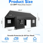 12X20 FT Heavy Duty Carport Canopy with Enhanced Base & Side-Opening Door, Portable Garage for Cars, Trucks, And Boats, Black